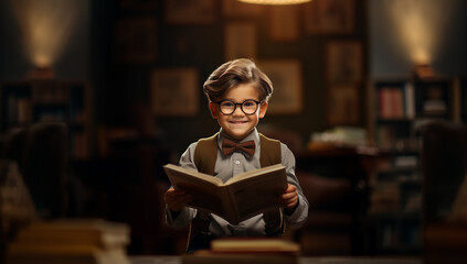 Child in Glasses Engages in Learning with a Touch of Vintage Formality. AI Generated.