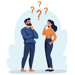 Flat vector illustration. A woman and a man are discussing issues, thinking about making a decision, coming up with an idea. Concept of joint idea . Vector illustration
