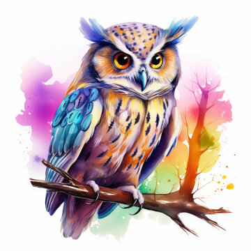 Watercolor owl Illustration, Generative Ai