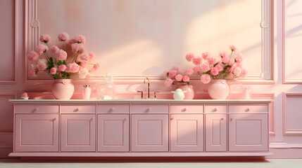 Interior of a stylish modern kitchen in pink tones. AI Generated.