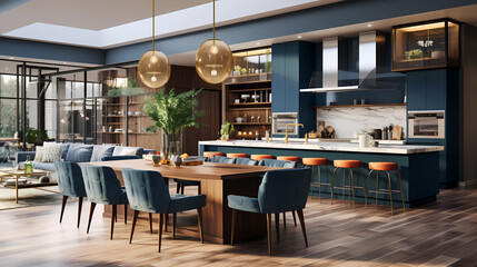 3D Rendering of a Dark Blue and Beige Kitchen with White Accents. AI Generated.