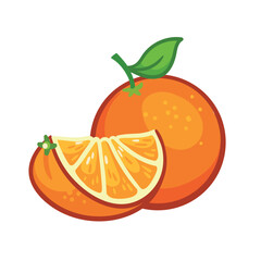 Whole orange and its cut slice on a white background. Vector illustration with fruit.