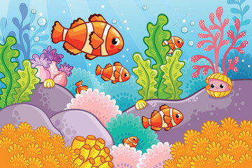 Cute sea fish among algae and shells. Vector illustration with a goldfish on a marine theme.