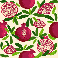 Pomegranate fruit seamless pattern. Bright leaves and fruits, seeds and lobules. Shana Tova seamless pattern