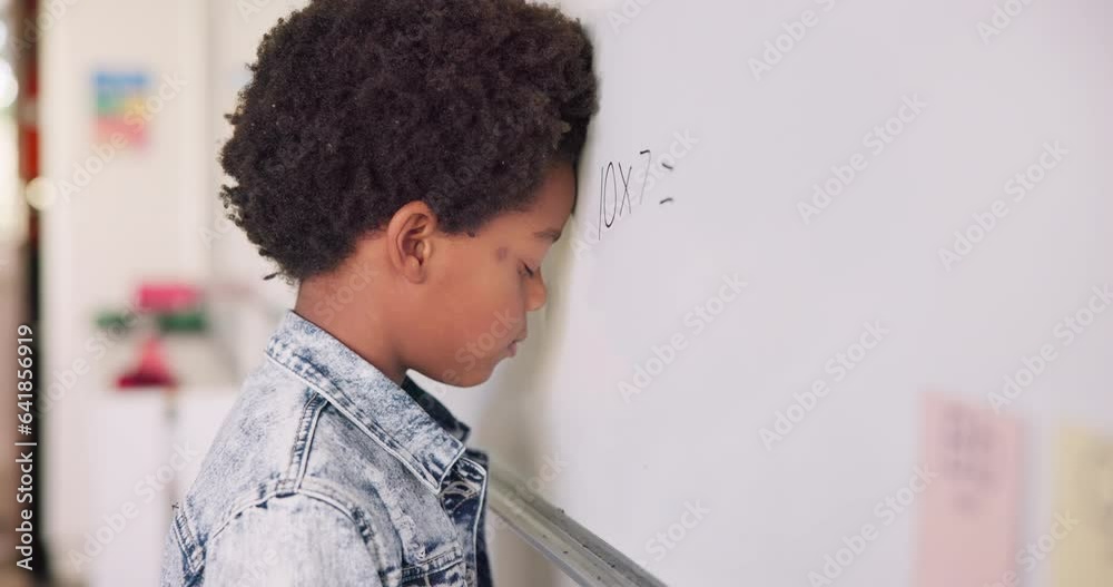 Aufkleber Math class, sad child at board for education, learning and problem solving for skill development. Boy at whiteboard in classroom with struggle, thinking and stress at school for solution in knowledge