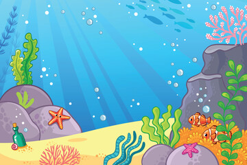 Cute marine life background. Vector illustration with Underwater landscape, fish, corals, starfish and rocks in cartoon style.