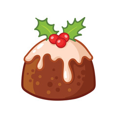 A cute traditional Christmas pudding with icing and holly. Vector illustration with cake isolated in cartoon style.