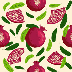 Pomegranate fruit seamless pattern. Bright leaves and fruits, seeds and lobules. Shana Tova seamless pattern