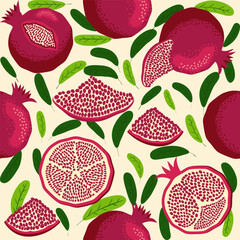 Pomegranate fruit seamless pattern. Bright leaves and fruits, seeds and lobules. Shana Tova seamless pattern