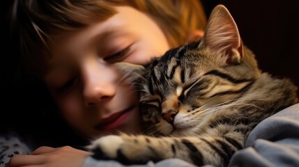 Little boy is sleeping hugging his lovely cat. Generative AI