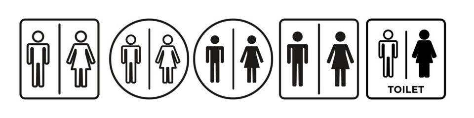 Toilet Icon Male female. Bathroom or restroom of gents and ladies symbol. Vector set of public man women unisex wc. Flat outline of washroom gender door sticker or label. 