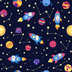 Seamless pattern with lama in a rocket, in space. Lama travels, adventures among the stars. Cute pattern with alpaca © MichiruKayo