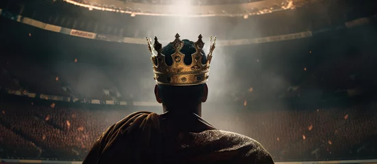 Fototapeten King in ritual attire and wearing a crown in dark stadium © RealPeopleStudio
