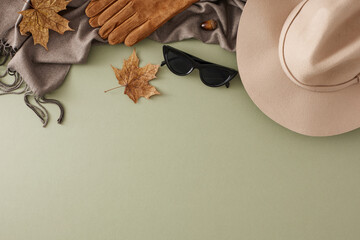 Define your fall style with thoughtfully selected accessories. Top view flat lay of felt hat, cozy scarf, sunglasses, gloves, dry autumn leaves on pastel green background with marketing space