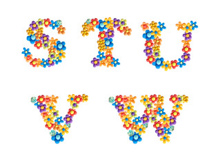 A set of letters for the design of the title or text in full. Unique 3D handmade plasticine design in the form of airy flowers. The alphabet is floral and colorful