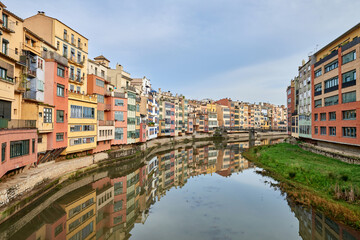 View of old town Girona, Catalonia, Spain, Europe. Summer travel.
