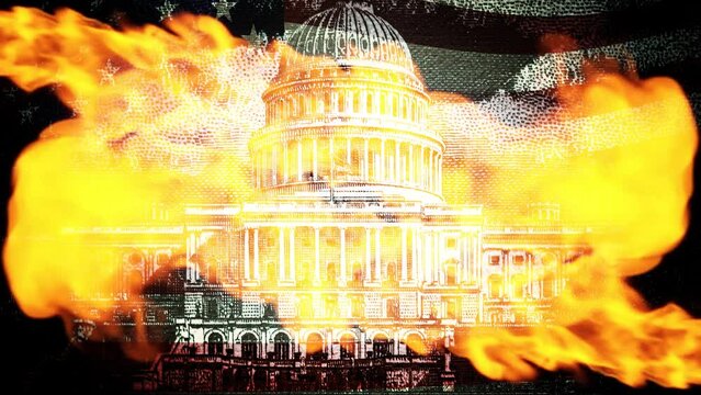The US Capitol, Fed sign, portrait of Franklin with glowing eyes, spinning pyramid with an eye on top, a jet of fire, the US waving flag. Conspiracy theory. 4k video with different US dollar bills.