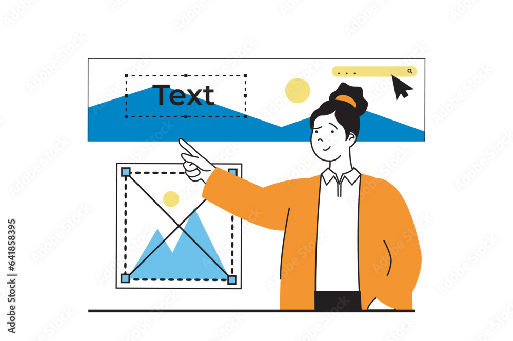 Poster designer agency concept with people scene in flat web design. woman creates ui ux template webpage i