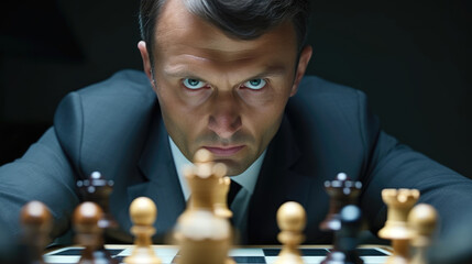 Businessman playing chess, looking severe and frowning. Generative AI
