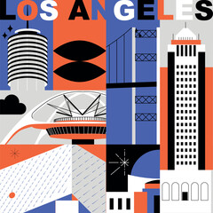 Typography word Los Angeles branding technology concept. Collection of flat vector web icons. American culture travel set, architectures, specialties detailed silhouette. Doodle famous landmarks.