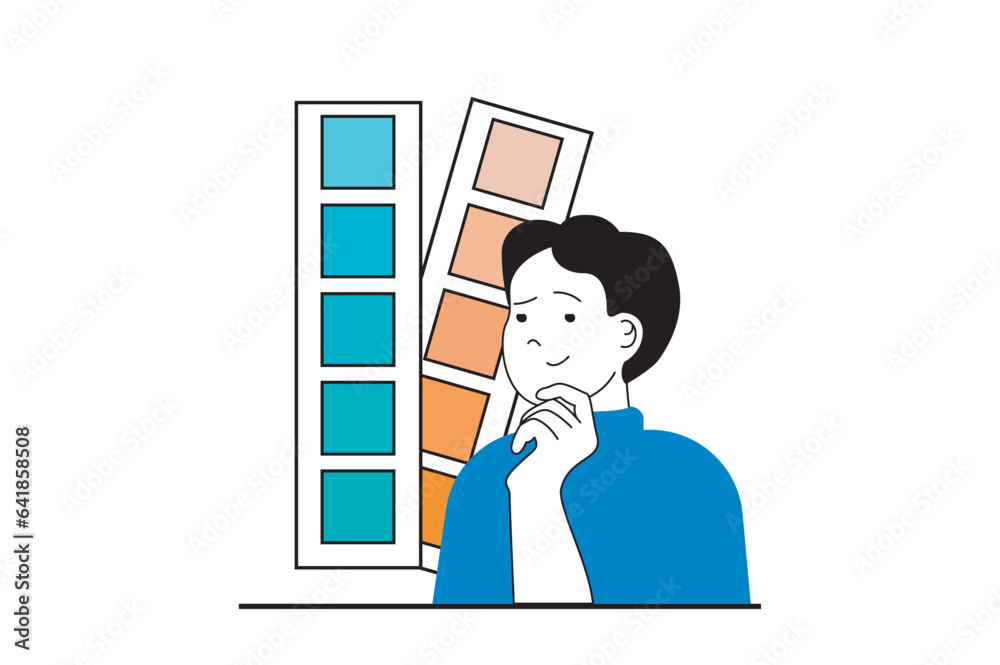 Poster designer agency concept with people scene in flat web design. man selecting colors palette and searc