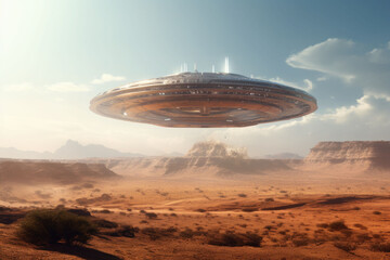 Alien ufo flying saucer. Spaceship flying over a desert. AI generated © barmaleeva