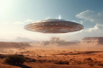Alien ufo flying saucer. Spaceship flying over a desert. AI generated © barmaleeva