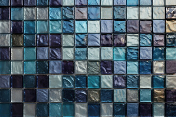 Colored glass mosaic in various squares in the silver and dark navy colors. AI generated