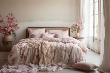 Fototapeta na wymiar Cozy bedroom with pillows and an upholstered headboard. Bedroom in provence style. Interior details in pink tones. AI generated