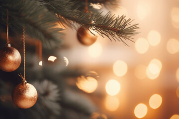 Close up of a christmas tree branch. Christmas lighting, decorations, blurry in background. AI...