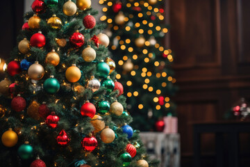 Christmas tree decorated in a holiday party. Christmas background. AI generated