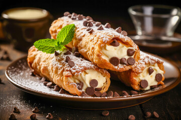 Cannoli, crispy pastry tubes filled with sweet ricotta cheese and adorned with chocolate chips