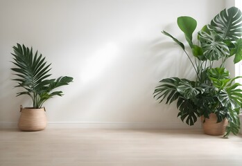 Fototapeta premium Green tropical plant on blank white wall background, aesthetic banner with copy space text, wall mockup 