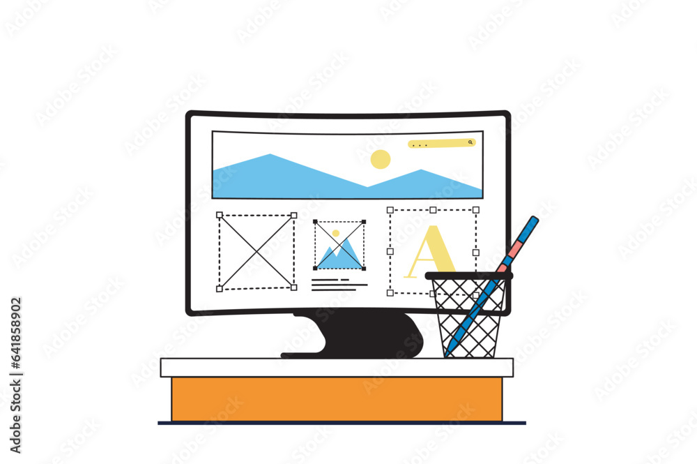 Poster designer agency concept with people scene in flat web design. ui ux layout creation, placing graphic