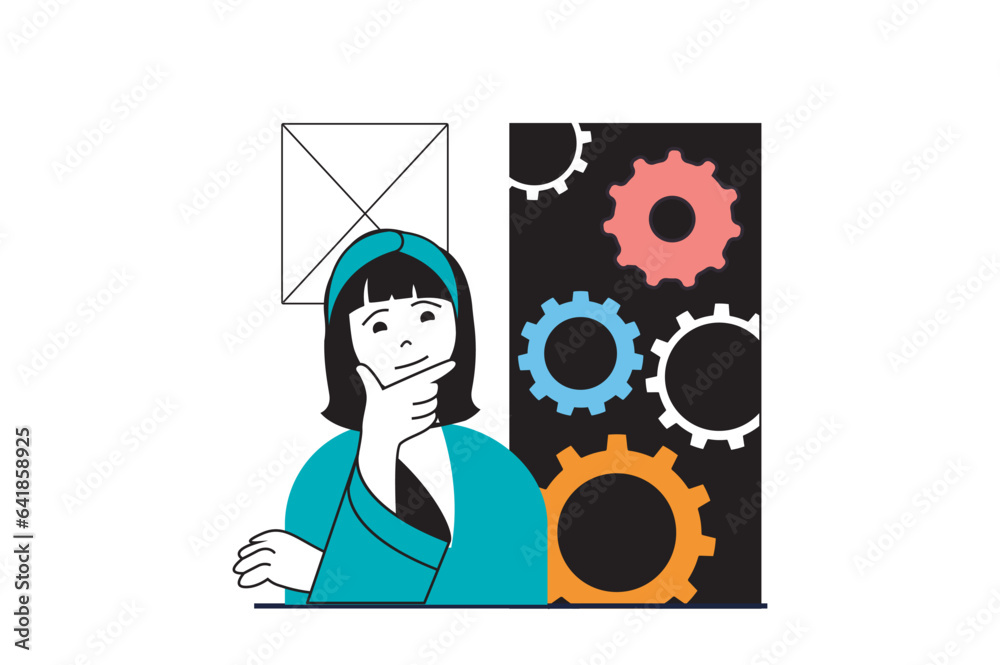 Poster designer agency concept with people scene in flat web design. woman brainstorming and finding soluti