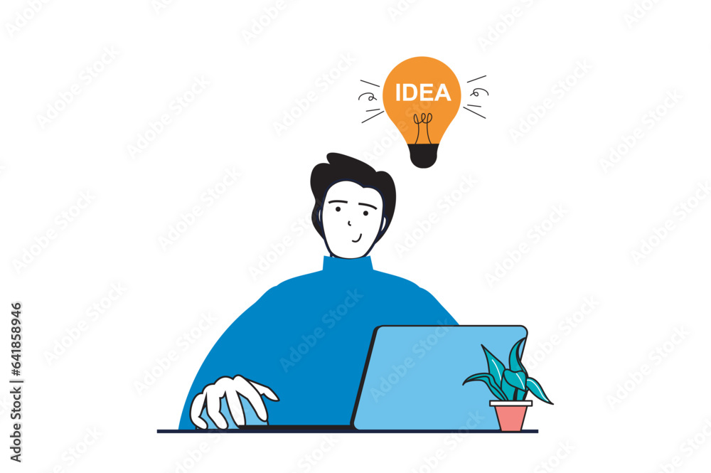 Fototapete Designer agency concept with people scene in flat web design. Man brainstorming and finding solutions and innovations, generates ideas. Vector illustration for social media banner, marketing material.