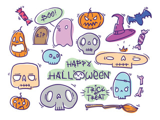 Vector set of handdrawn multicolored festive line art stickers for Halloween. Doodle illustration with scary skull, witch hat, broom, pumpkin, jack o lantern, candy, grave, headstone, bat, cute ghost