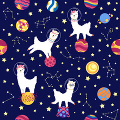 Seamless pattern with lama in a rocket, in space. Lama travels, adventures among the stars. Cute pattern with alpaca