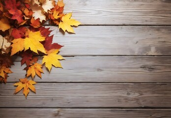 Autumn leaves on rustic wood background, seasonal banner with copy space text 