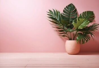 Aesthetic background, green tropical plant on blank pink wall, interior banner with copy space text 