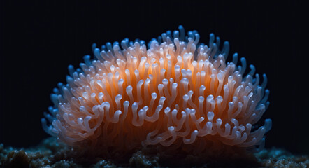 Naklejka na ściany i meble Closeup photography of a stunning sea anemone set against a deep black backdrop, perfect for marine research and ocean conservation campaigns.