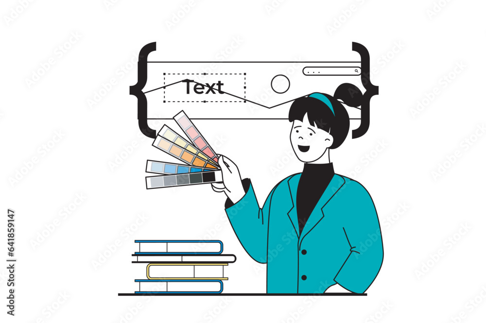Poster designer agency concept with people scene in flat web design. woman creating homepage layout with se