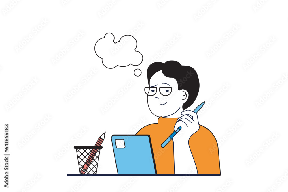 Poster Designer agency concept with people scene in flat web design. Man creating digital art project and drawing with inspiration at tablet. Vector illustration for social media banner, marketing material.