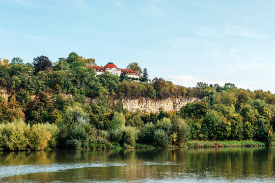 Autumn Landscape - River And Shores With Trees, Bushes And City Houses Marbach Am Neckar. Panoramic Aerial View Of The River In A City Park. Deciduous Trees, Golden Leaves. Autumn Landscape. Ecology