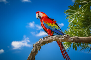 A Scarlet Macaw Sits on a Branch in Front of Beautiful Clear Blue Sky