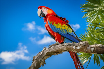 A Male Scarlet Macaw Parrot Rests on a Branch