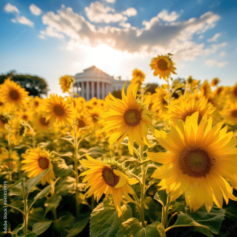 Poster A field of sunflowers with a building in the background. Generative AI.