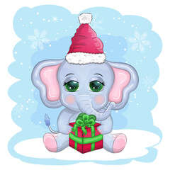Cute cartoon elephant, childish character with beautiful eyes wearing santa hat, scarf, holding gift, christmas ball