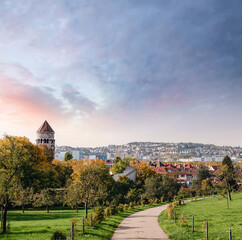 Germany, Stuttgart panorama view. Beautiful houses in autumn, Sky and nature landscape. Vineyards in Stuttgart - colorful wine growing region in the south of Germany with view over Neckar Valley - obrazy, fototapety, plakaty