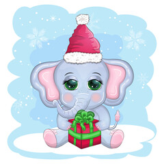 Cute cartoon elephant, childish character with beautiful eyes wearing santa hat, scarf, holding gift, christmas ball